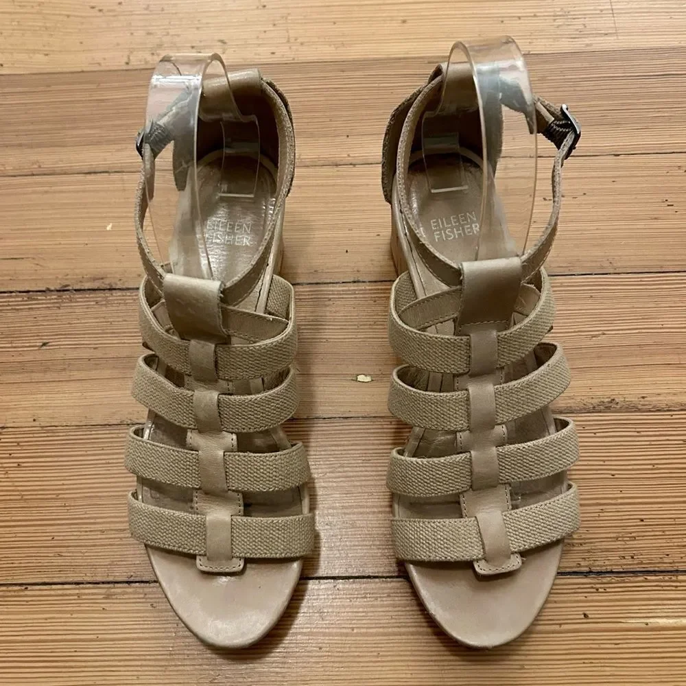 Eileen Fisher Bevy St. Linen stretch wedge sandal heels. Size 8.